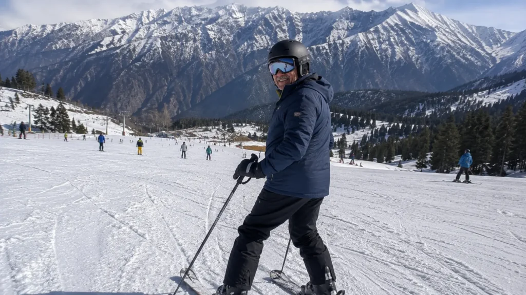 An active senior skier enjoying safety-first training on beginner ski runs
