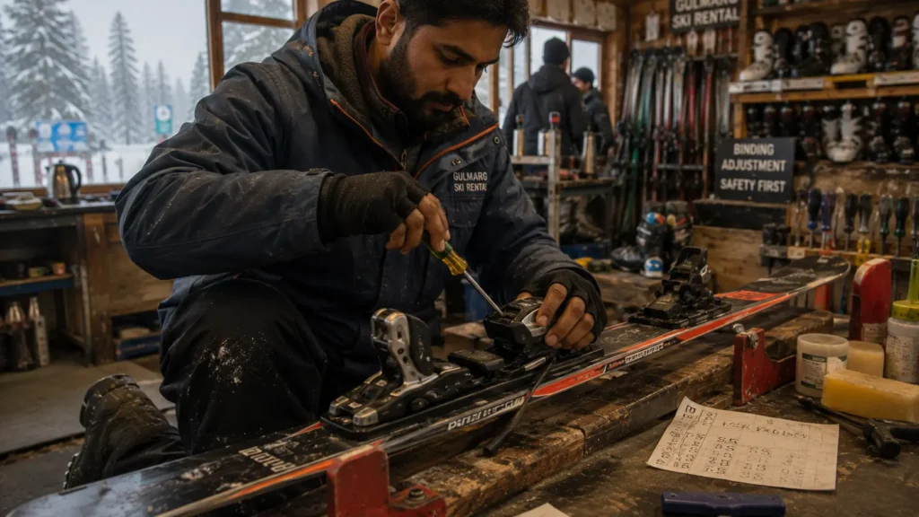 Ski rental technician adjusting binding DIN settings for safety