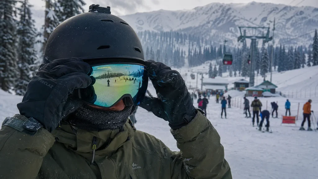 Ski goggles protecting eyes from UV snow reflection on a winter holiday