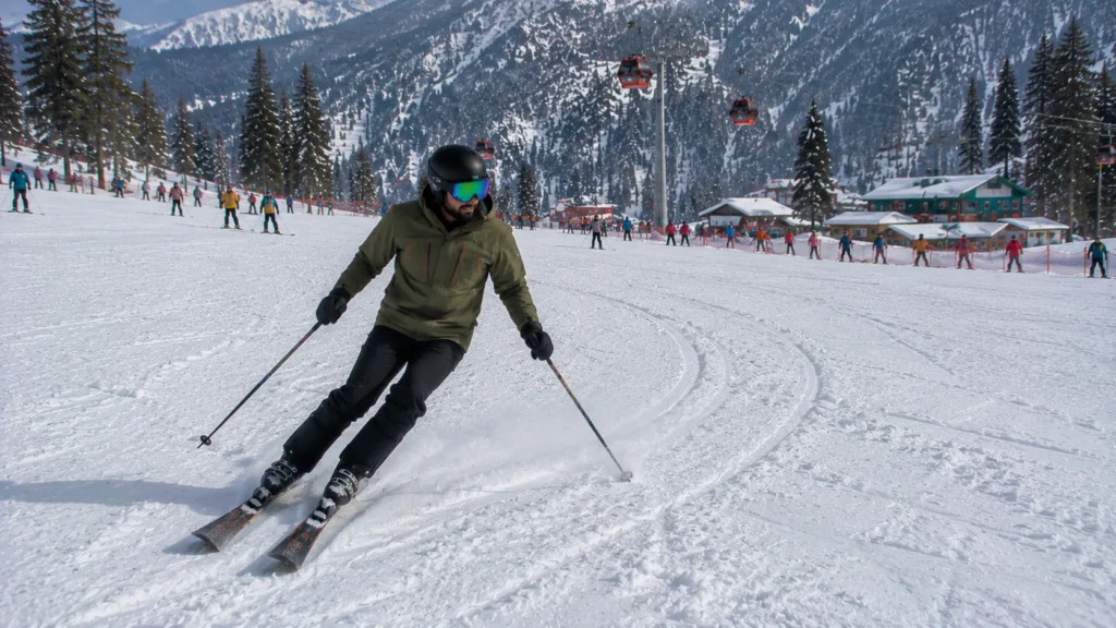 An adult beginner carving neat parallel lines on a groomed ski run