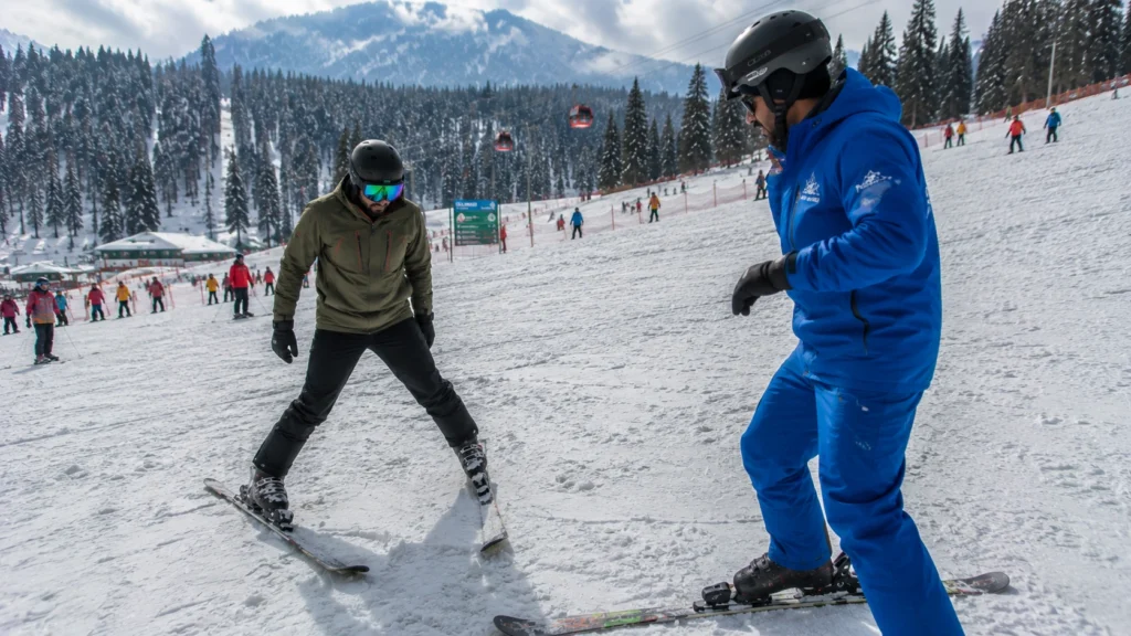 An adult beginner skier practicing basic stepping movements on the snow