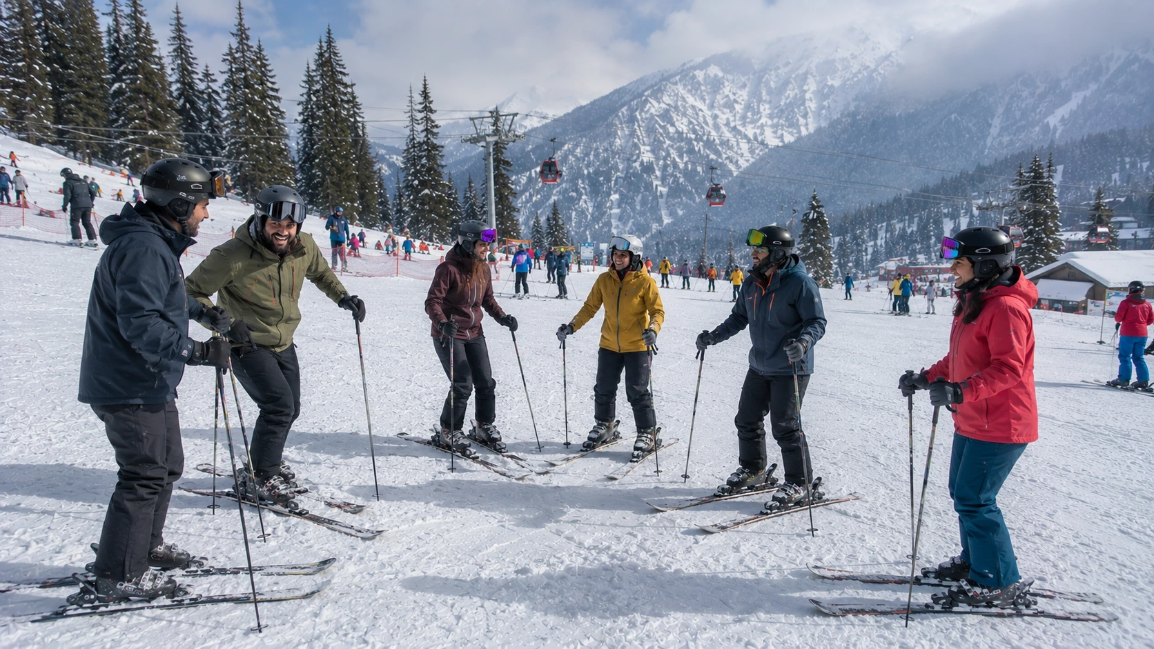 A group of adult beginners smiling during their first ski lesson on nursery slopes
