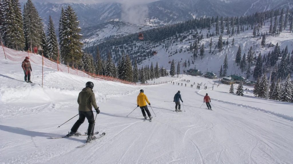 Adult beginner skiers successfully skiing down a groomed slope under guidance