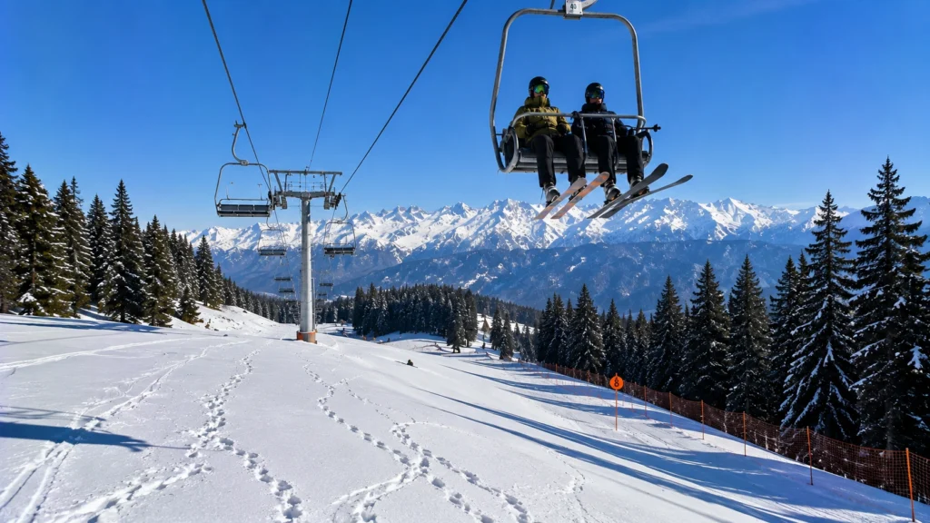 The ski chairlift operational above the snowy runs in Auli