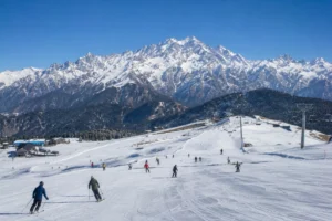 Scenic winter slopes at Auli Ski Resort with Nanda Devi peak in Uttarakhand