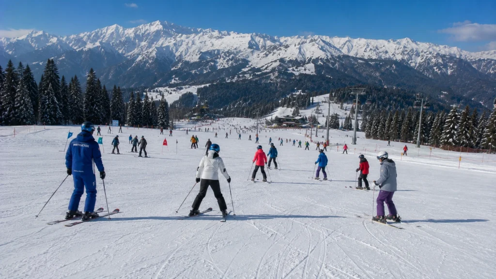 Beginner ski lessons taking place on Gulmarg slopes