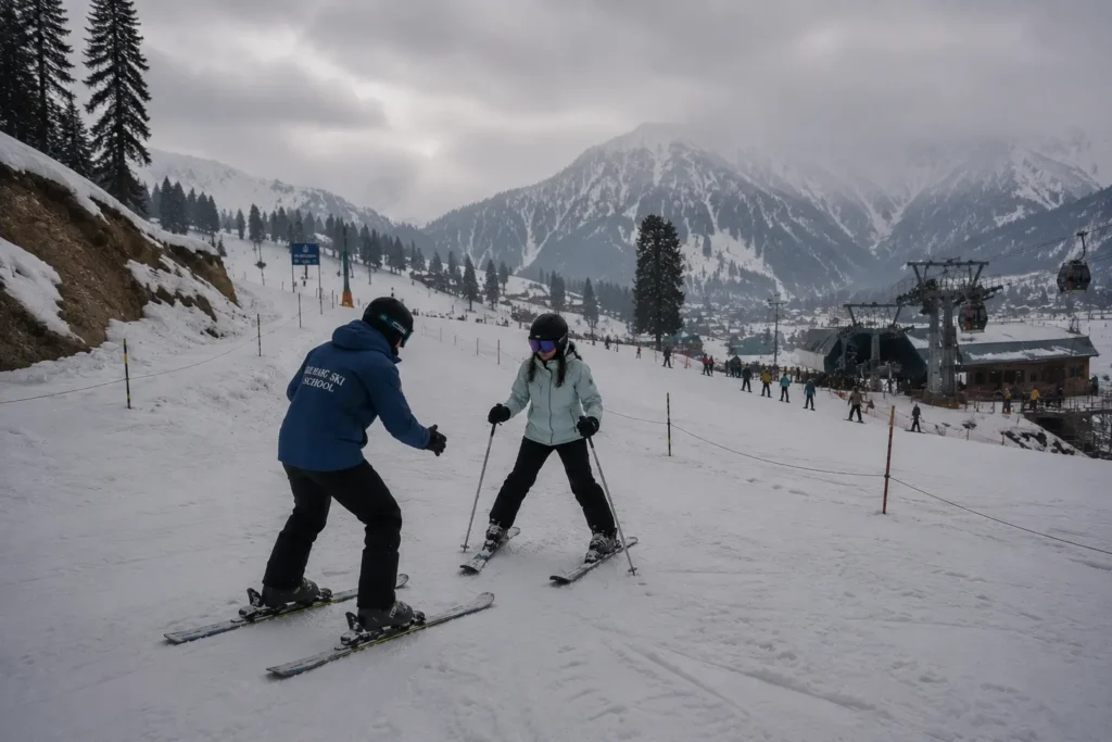 An instructor teaching a beginner skier how to learn skiing.