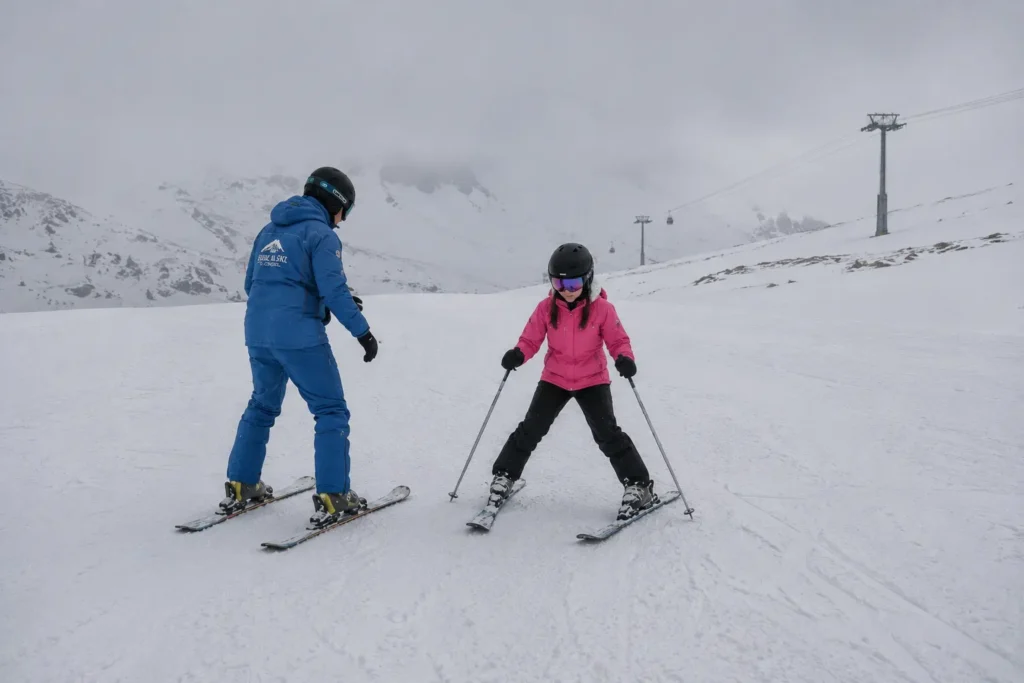 Beginner skier practising turns on nursery slopes in Gulmarg Kashmir during January peak season
