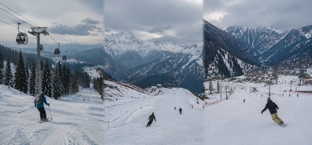 Panoramic winter landscape showing skiing in Gulmarg, Auli and Solang Valley