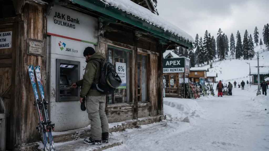 A traveler carrying/withdrawing cash in a snow covered mountain town for skiing daily expenses.