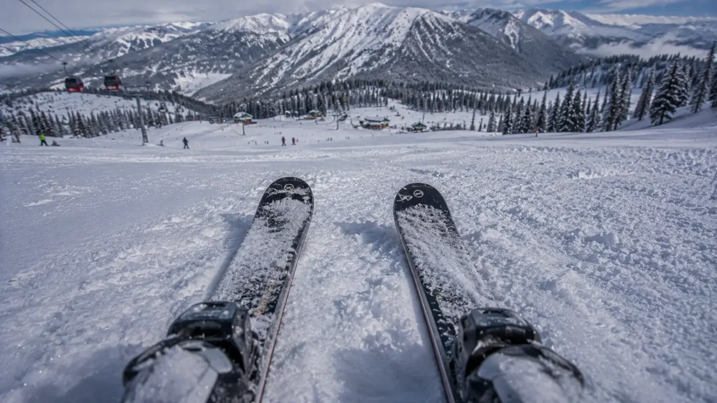 Modern carving ski tips on fresh powder snow in Gulmarg