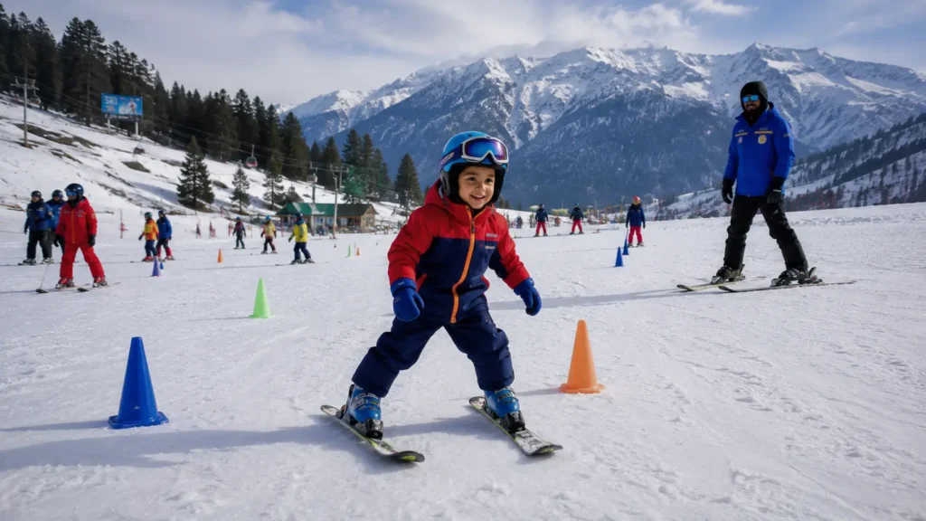 A young child skier practicing balance maneuvers on a beginner ski slope