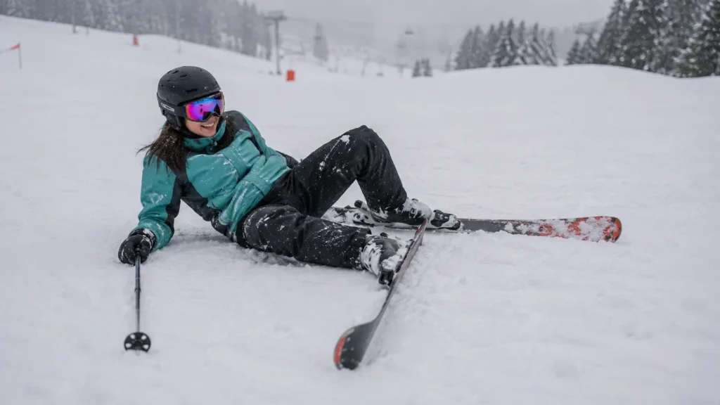 A beginner skier falling safely on soft snow during a training lesson