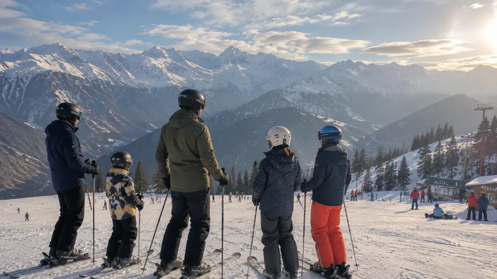 A family standing together on a snow-covered mountain slope on a ski vacation