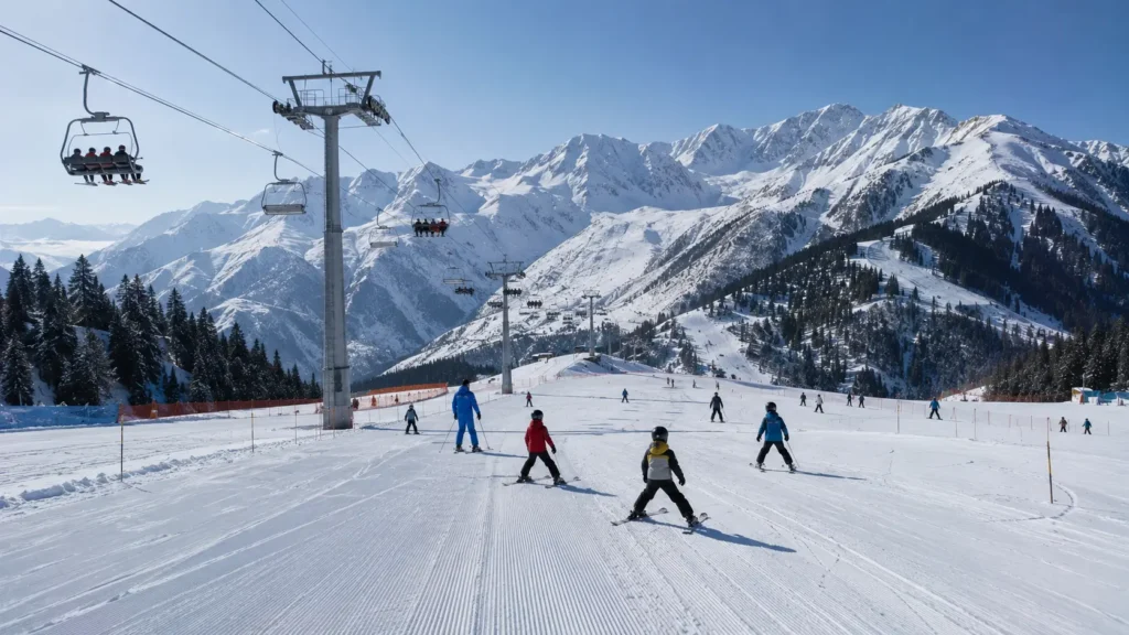 Groomed green ski slopes and ski lifts for beginners in the Indian Himalayas