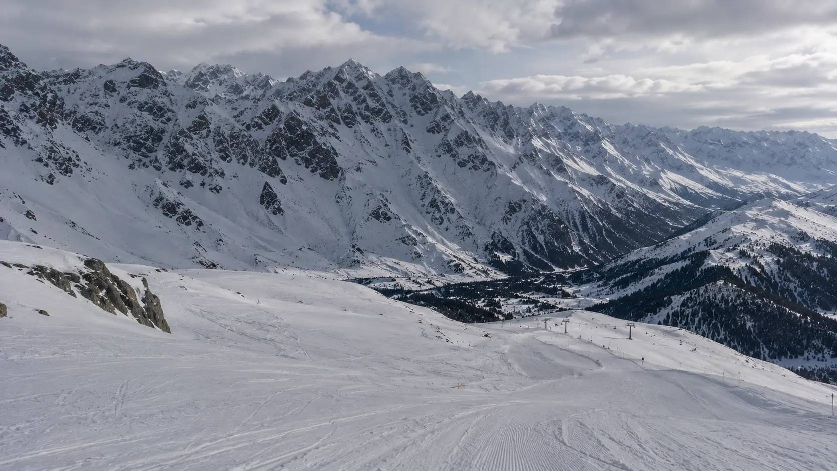 Panoramic view of snow capped mountains in Gulmarg Kashmir during winter ski season