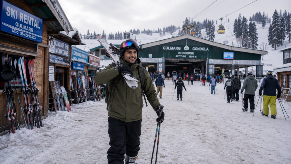 A beginner skier carrying rental skis on their shoulder in Gulmarg Kashmir