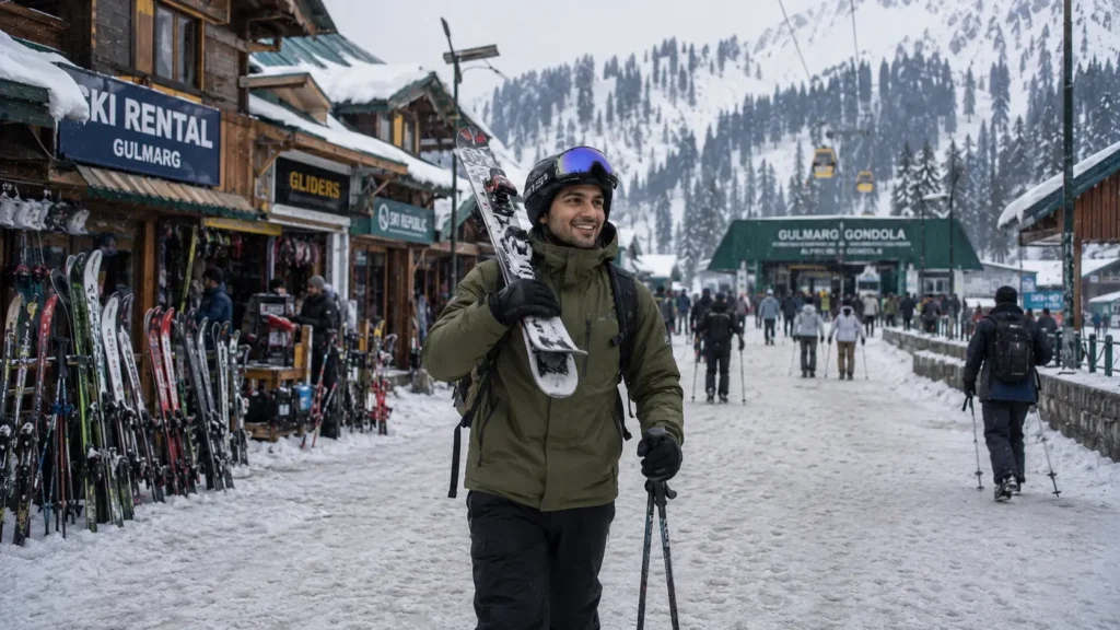 A beginner skier carrying rental skis on their shoulder in Gulmarg Kashmir