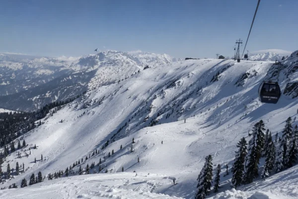 Scenic views of the snowy Apharwat mountain peak in Gulmarg Kashmir