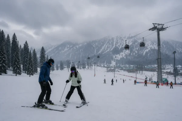 Beginner learning alpine skiing in Gulmarg, Kashmir during winter