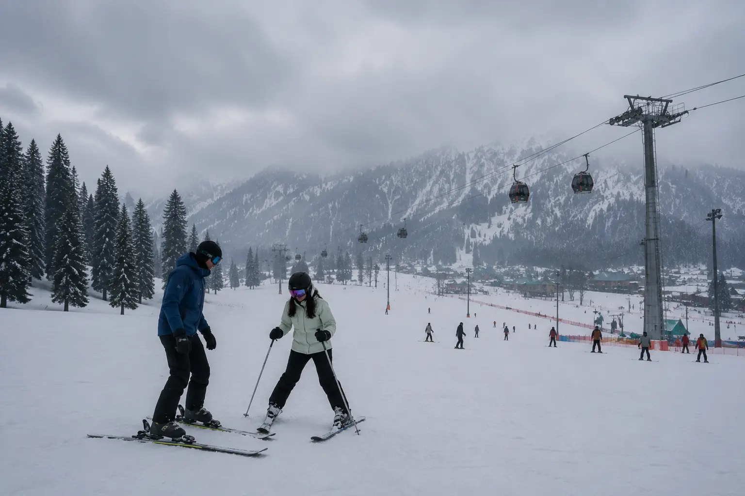 Beginner learning alpine skiing in Gulmarg, Kashmir during winter