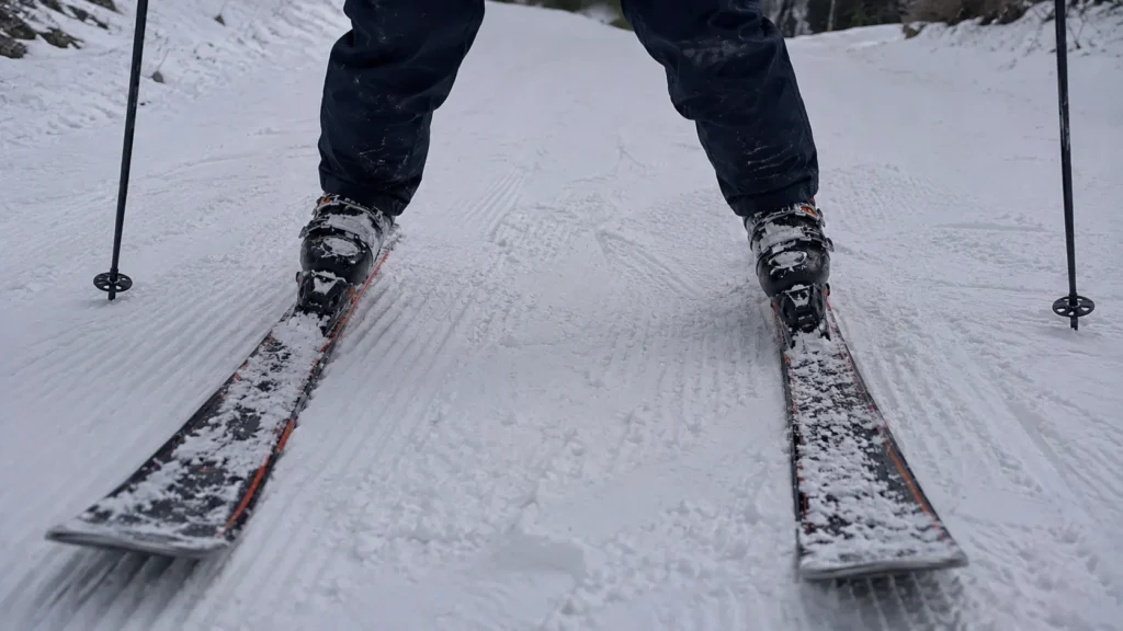 A beginner skier demonstrating the snowplough wedge technique to stop and control speed on snow
