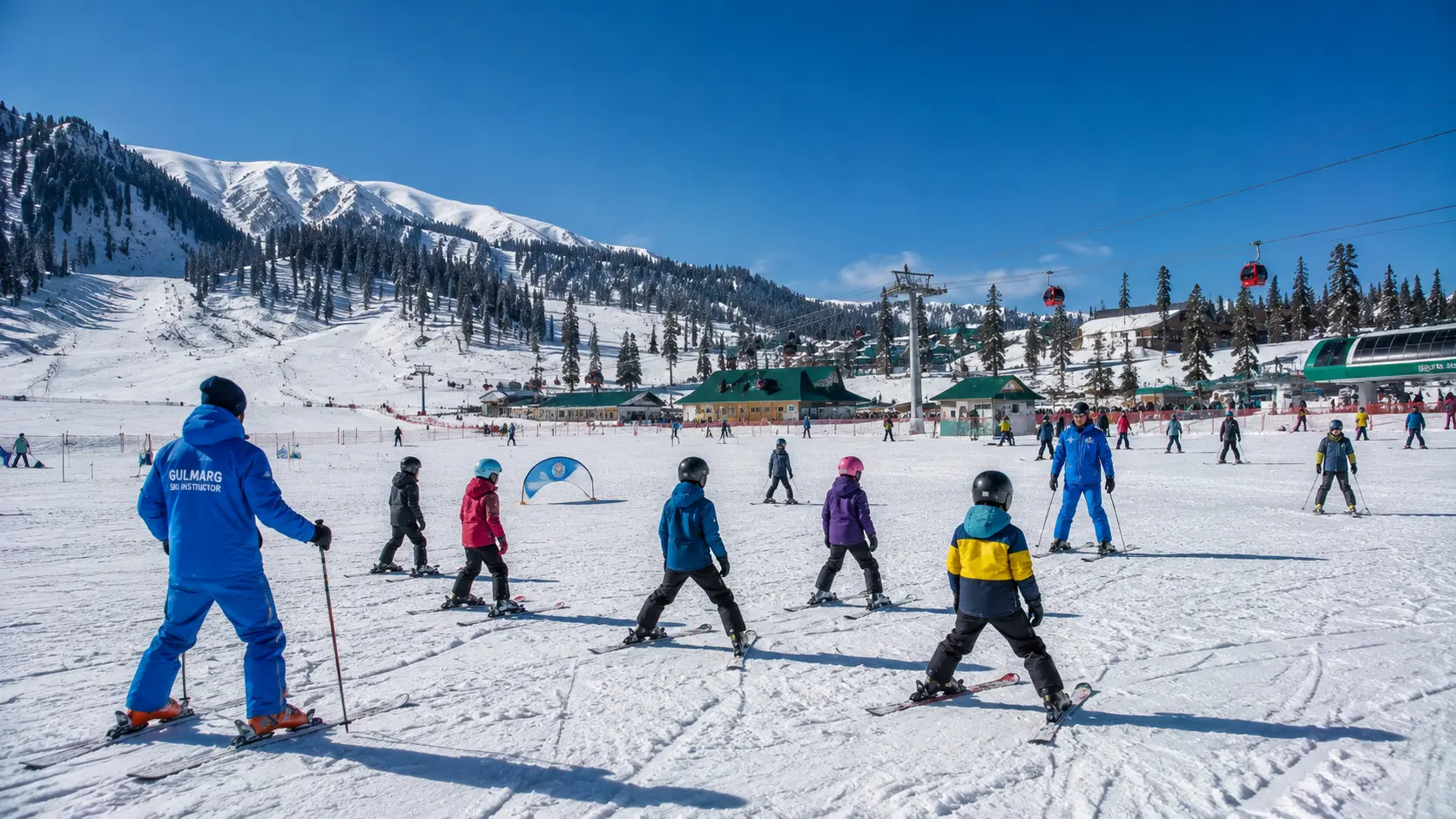 Beginner skiers practicing group lessons on the wide nursery slopes of Gulmarg Kashmir