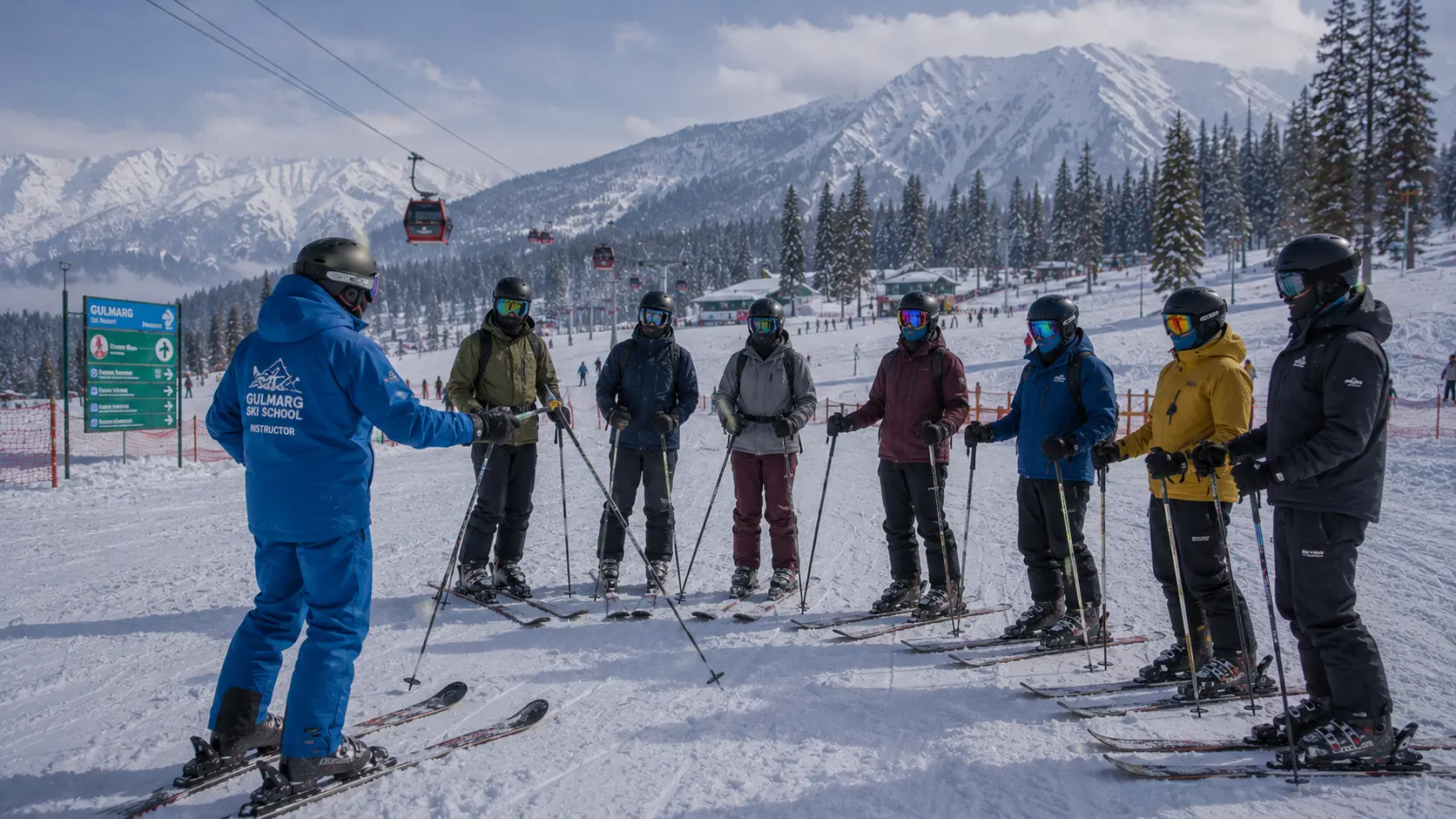 A group of beginner skiers learning safety procedures from an instructor in Gulmarg Kashmir