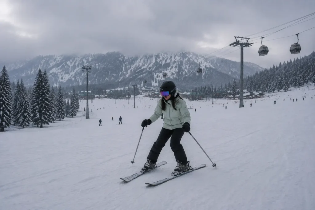 New skier descending a beginner slope in Gulmarg.