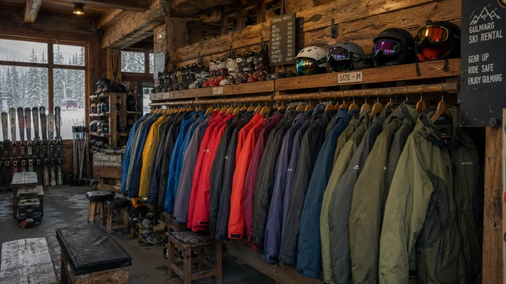 Racks of colorful ski jackets available for hire in Gulmarg ski shops