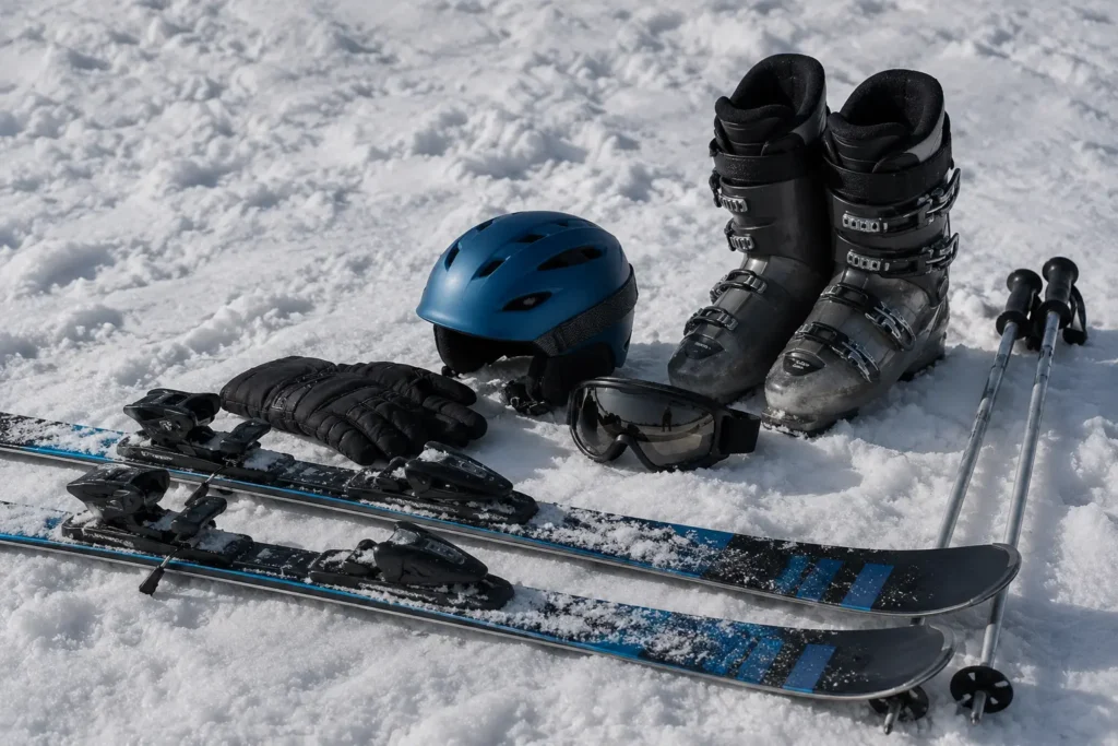 Essential ski equipment including skis, boots, helmet, poles and goggles laid out on snow