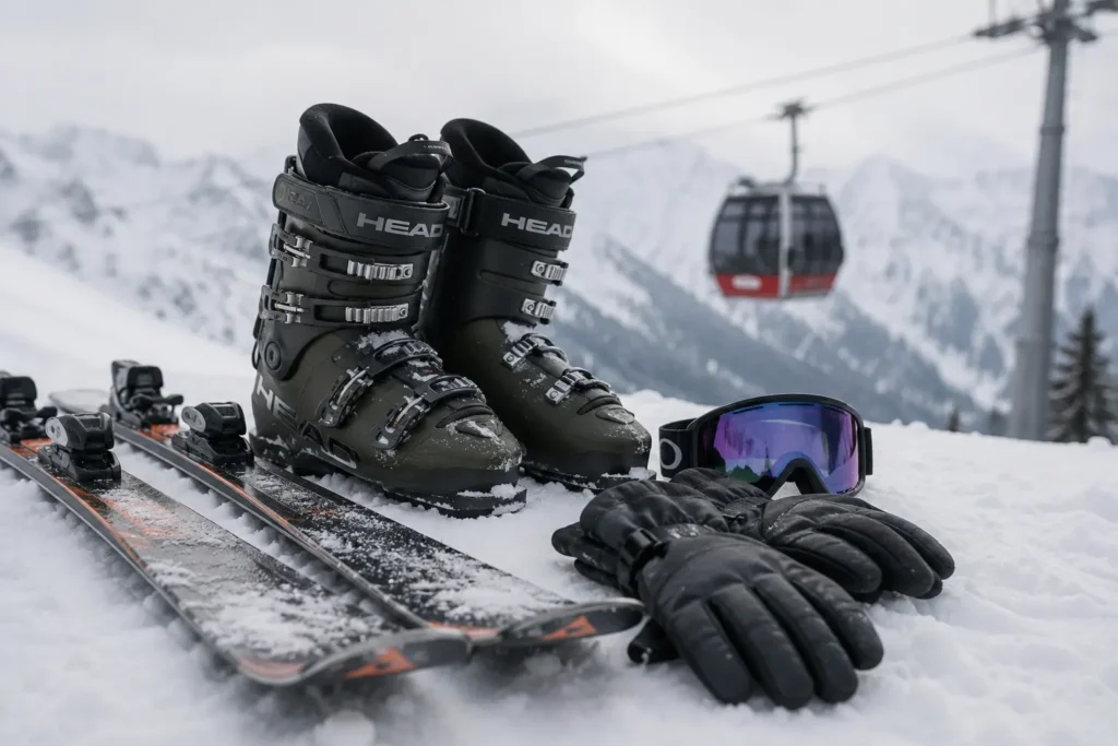Ski equipment including skis boots and goggles resting on snow in Gulmarg resort
