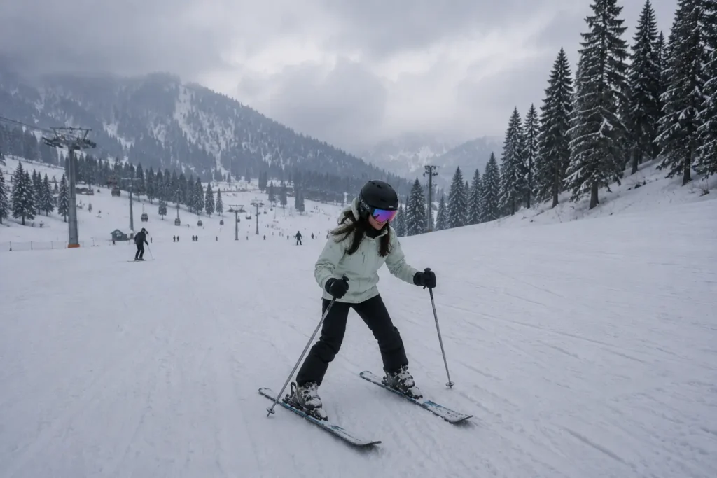 Beginner wearing helmet while skiing