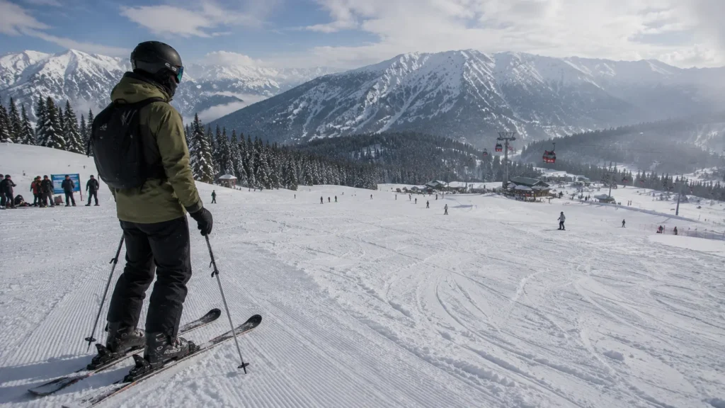 A beginner skier standing in Gulmarg Kashmir with fully fitted and adjusted equipment
