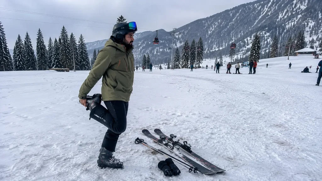 A beginner skier stretching and warming up muscles before starting a ski lesson