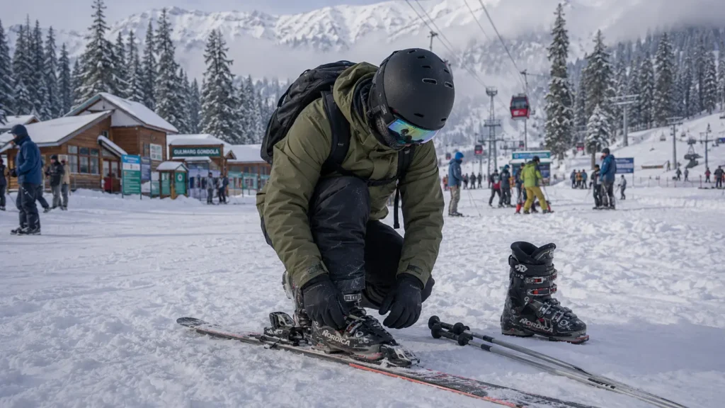 A beginner skier wearing full waterproof layers and winter ski equipment in the snow