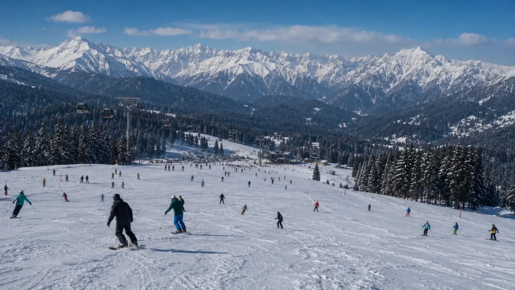 Skiers and snowboarders sharing a wide slope in Gulmarg Kashmir
