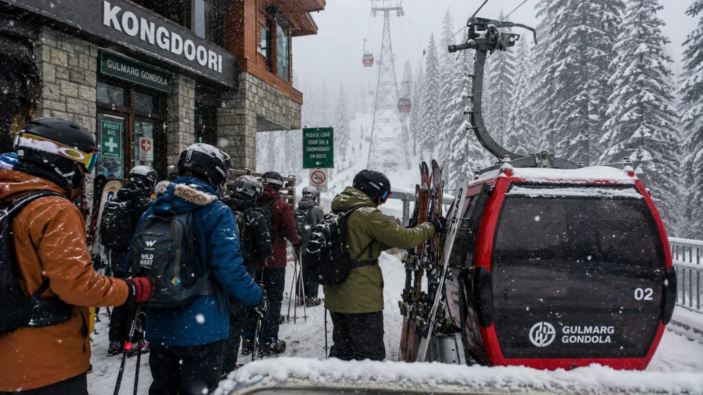 Skiers loading gear onto the Gondola at Kongdoori mid-station in Gulmarg