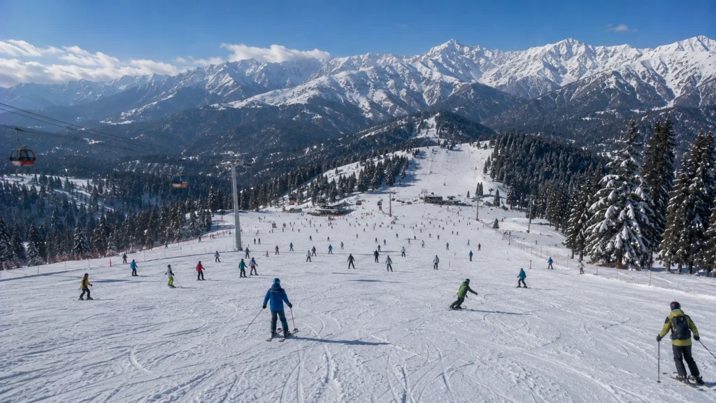 Skiers and snowboarders sharing a wide slope in Gulmarg Kashmir