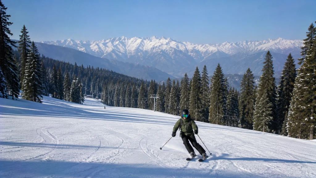 An intermediate skier cruising down the temple slopes in Auli