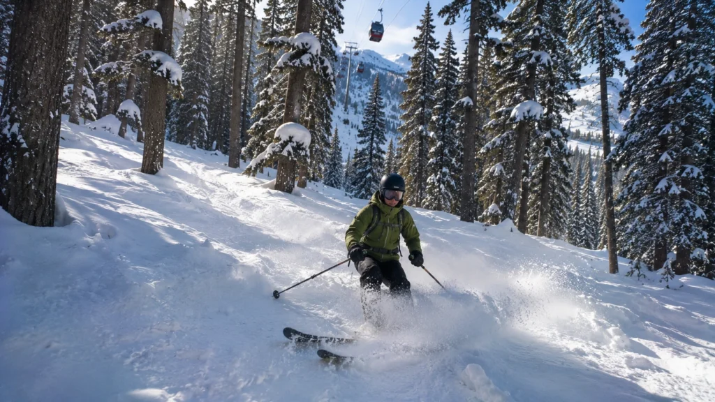 An intermediate skier riding through pine forest glades in Gulmarg