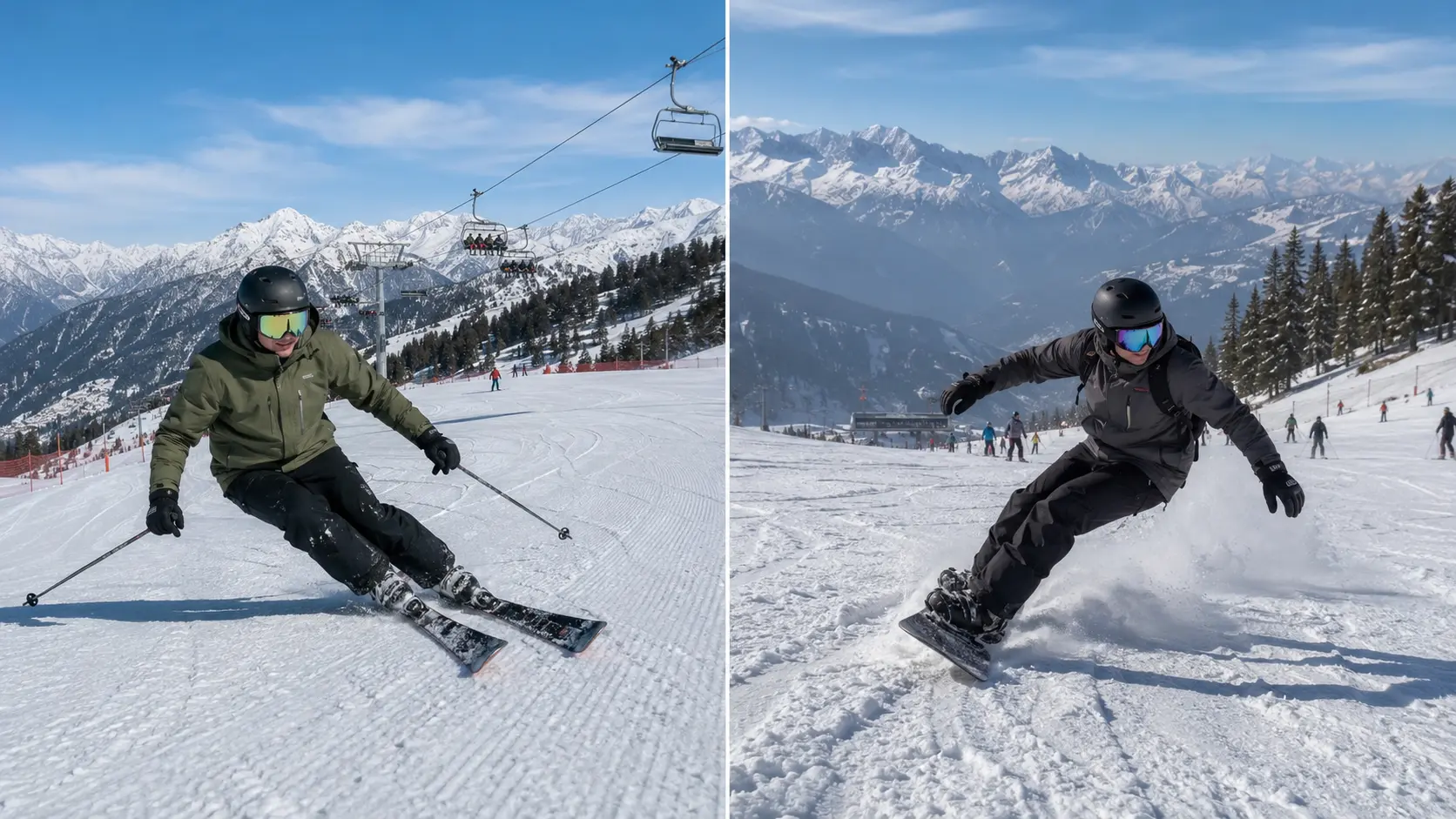 A skier and snowboarder riding side by side on a snowy mountain slope