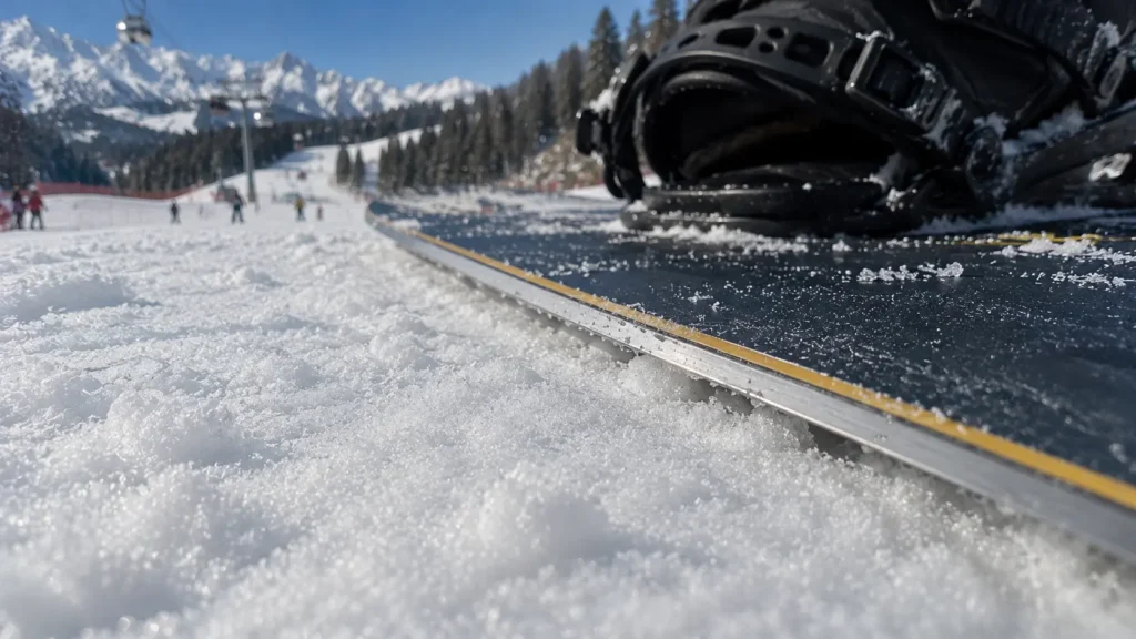 A snowboard edge carving through fresh powdery snow