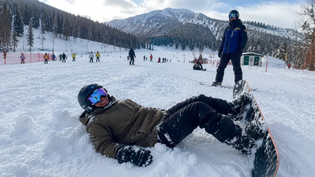 A beginner snowboarder falling backward safely onto soft snow