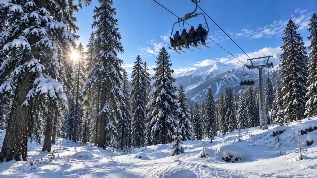 Scenic winter forest and ski chairlift at Solang Valley near Manali