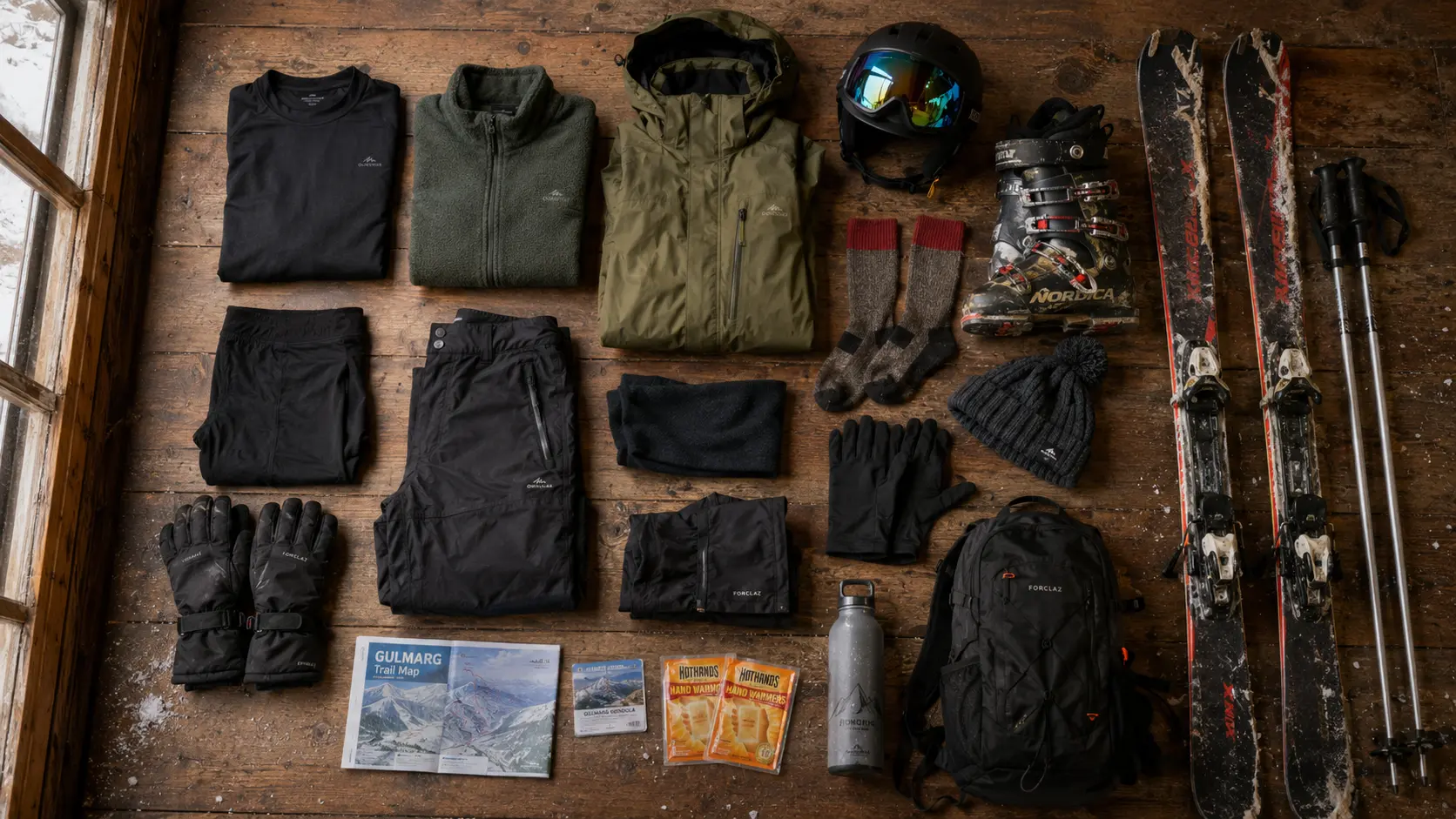 Ski clothing packing checklist flat lay for a beginner ski holiday