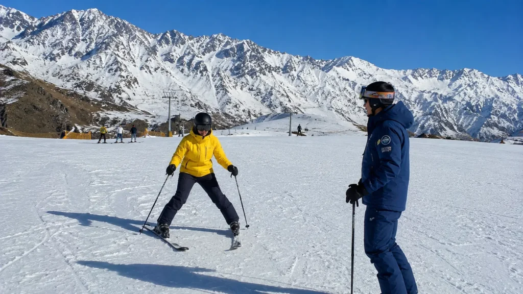 A beginner skier practicing carving turns on the groomed Auli slopes