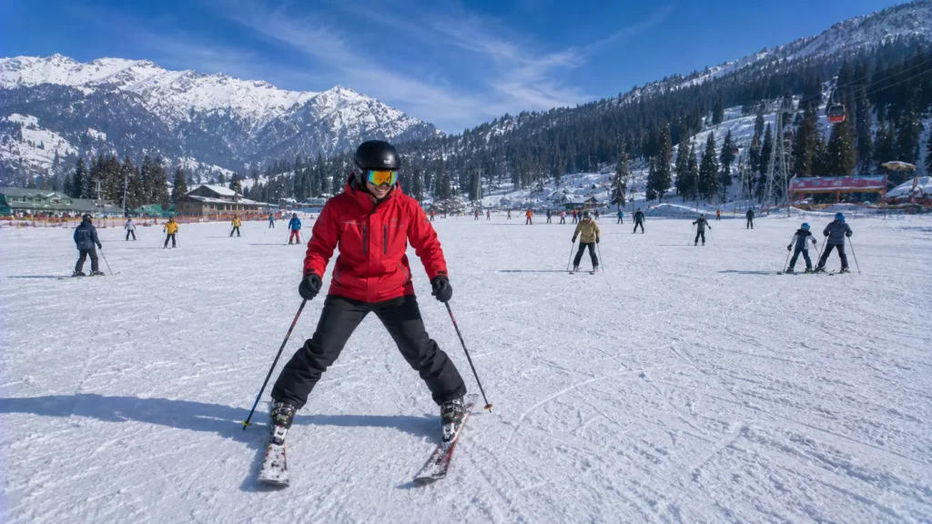 A beginner skier practicing on the flat nursery slopes of Solang Valley