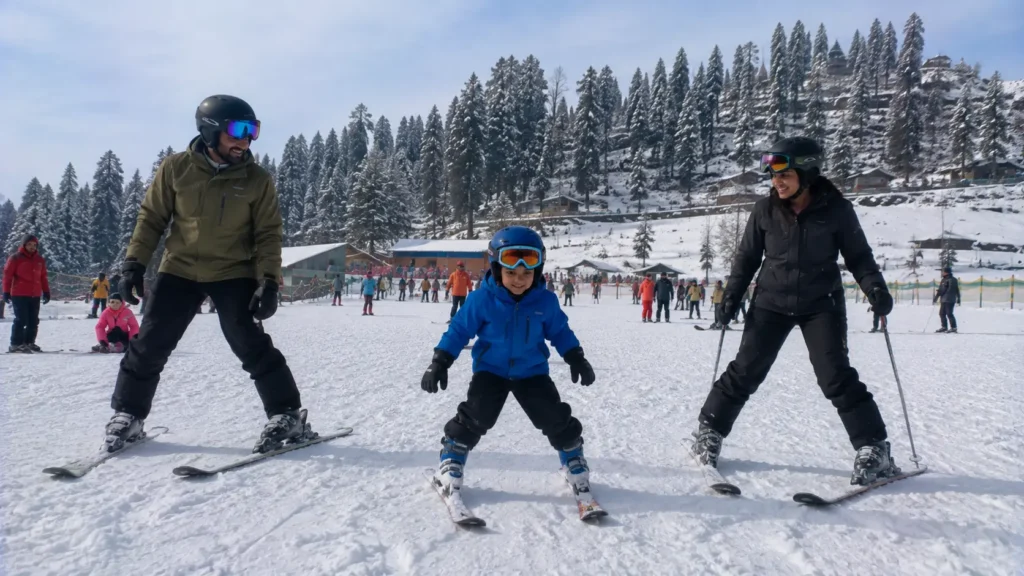 A family enjoying a beginner skiing lesson in Kufri near Shimla