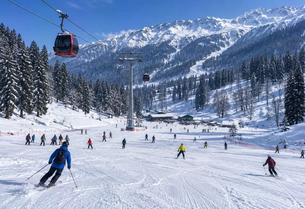 Scenic winter view of the Solang Valley ski slopes and Gondola near Manali